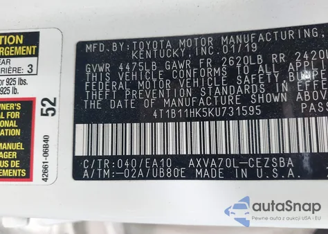 2019 Toyota Camry Se from USA, damaged, VIN 4T1B11HK5KU731595
